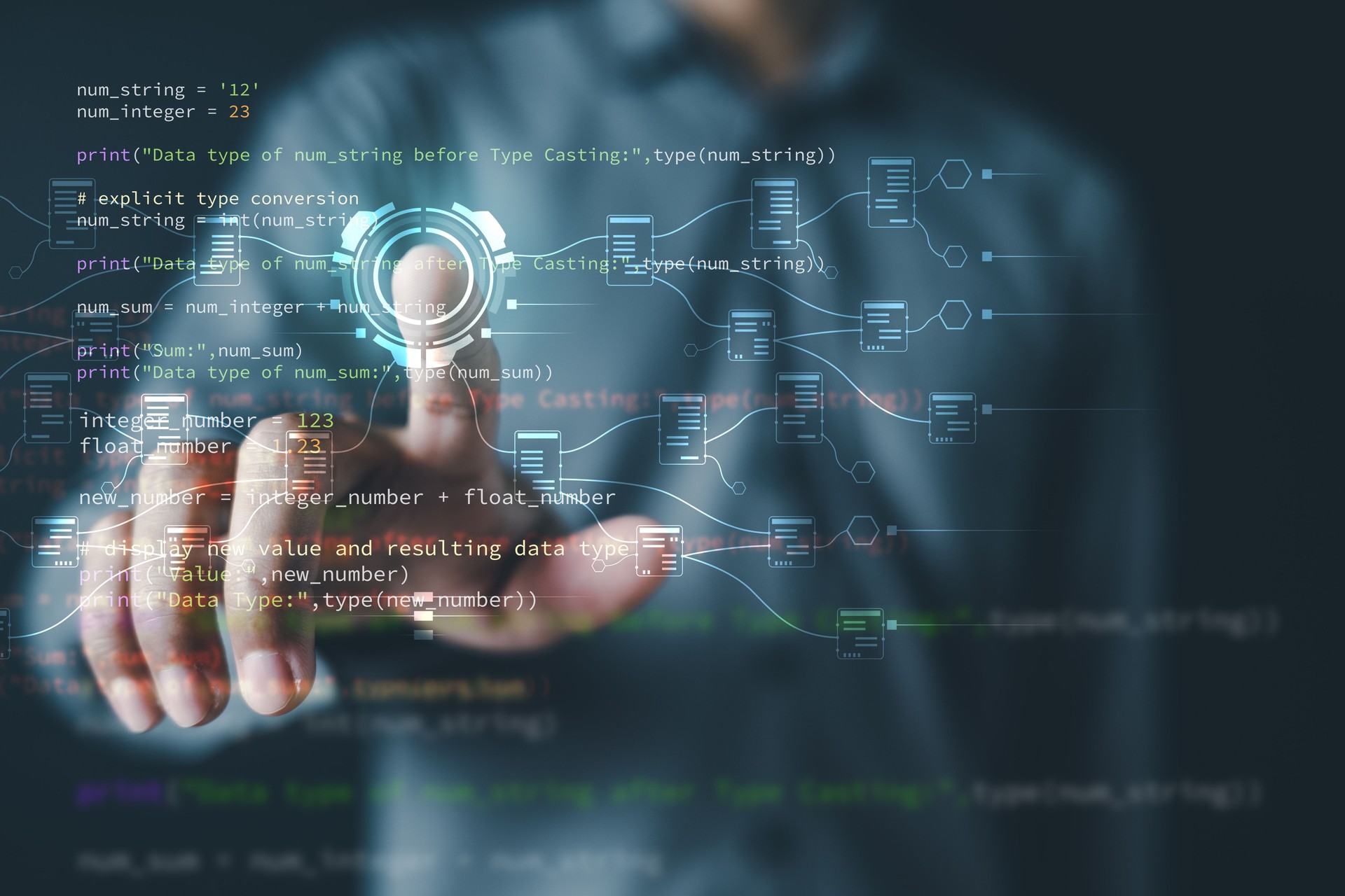 Software development. Programming engineer. Coding application. A man is pointing at a computer screen with a blue circle on it. The circle is surrounded by lines and numbers.