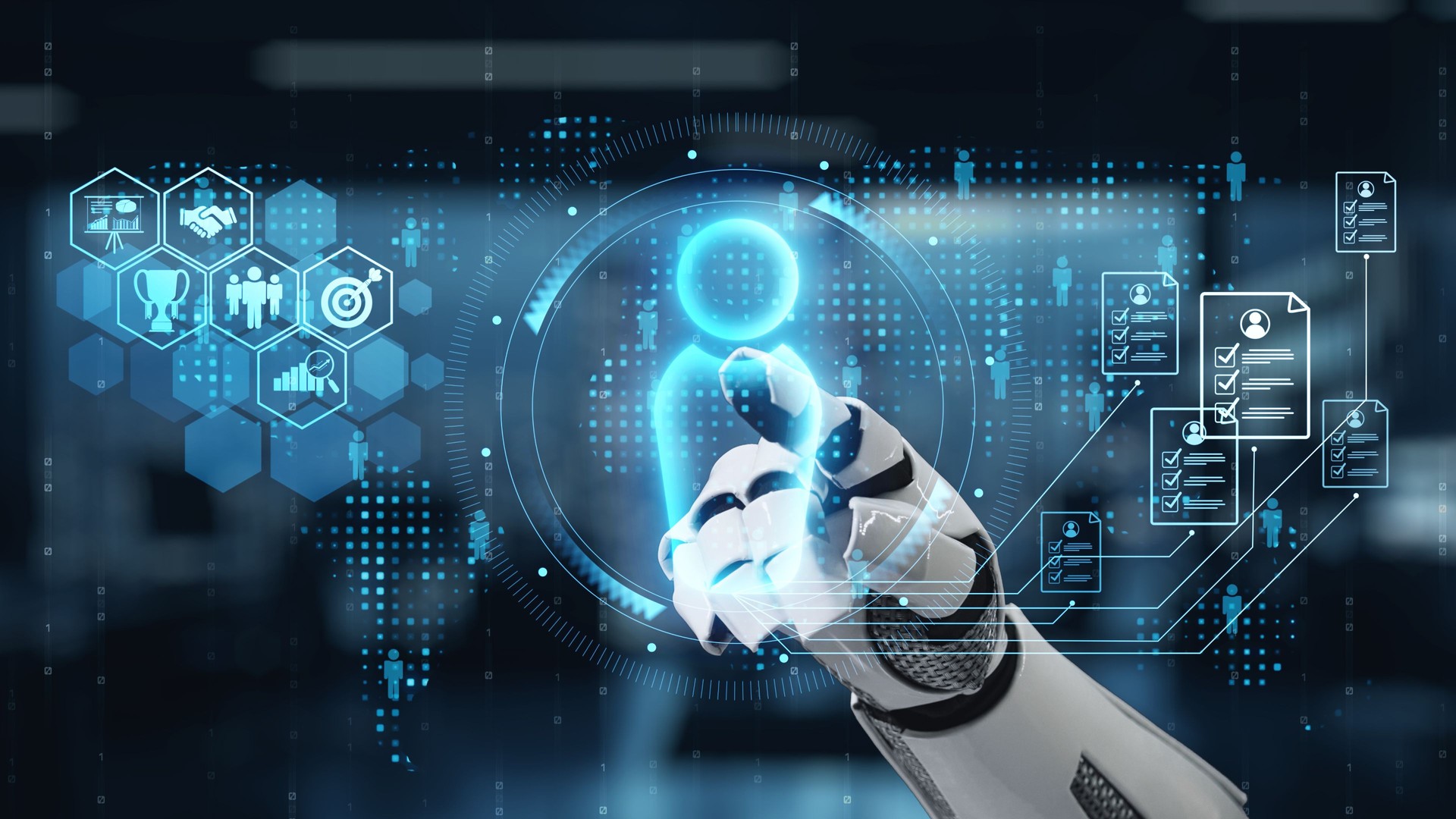 Futuristic robotic hand interacting with digital interface showcasing holographic data, symbols, and icons representing technology and innovation in modern workspace. Auvana