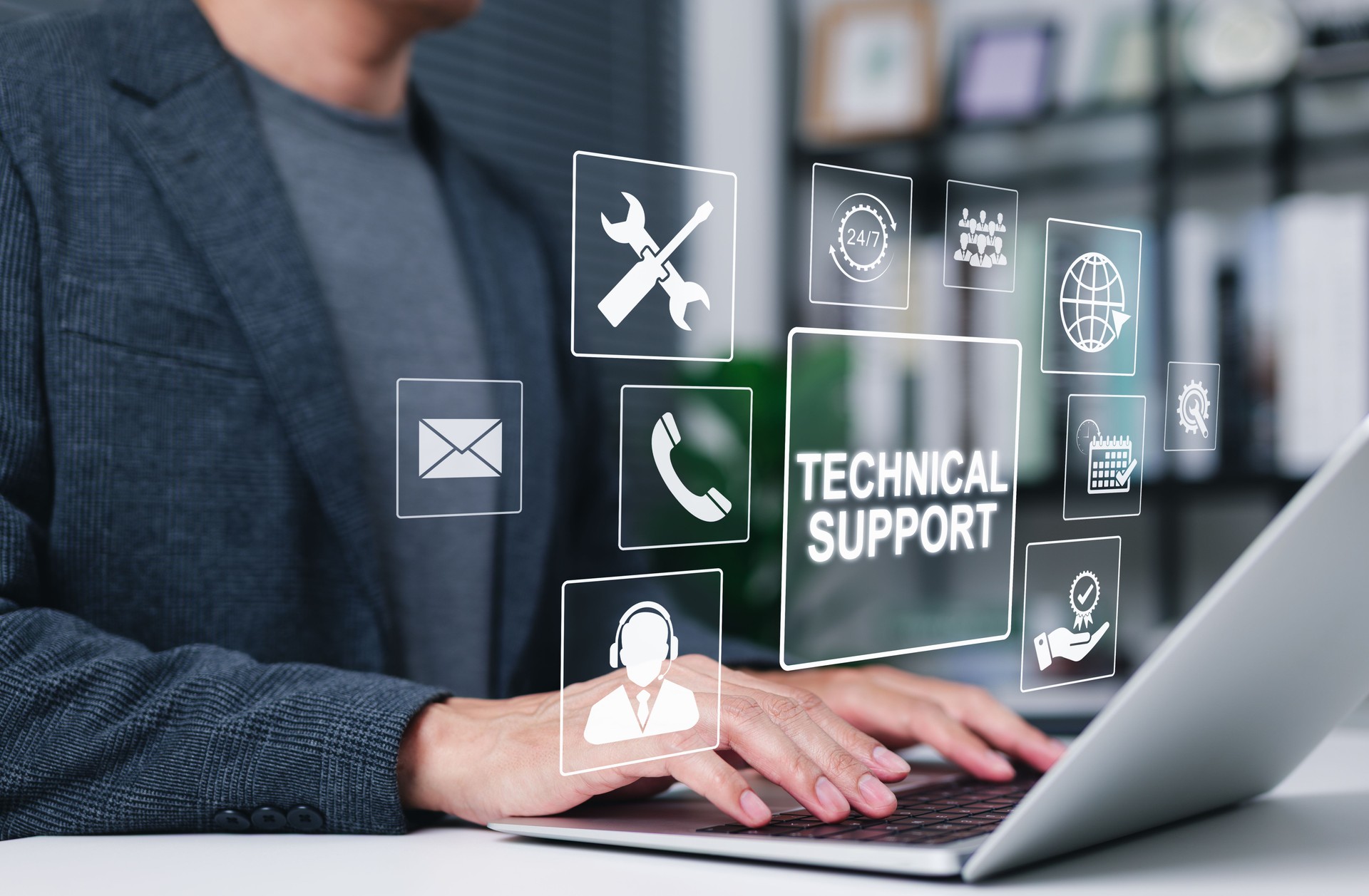 Technical support and customer service concept. Digital icon representing technical support, customer service, and 24-7 assistance. Business technology solutions for global support, service management